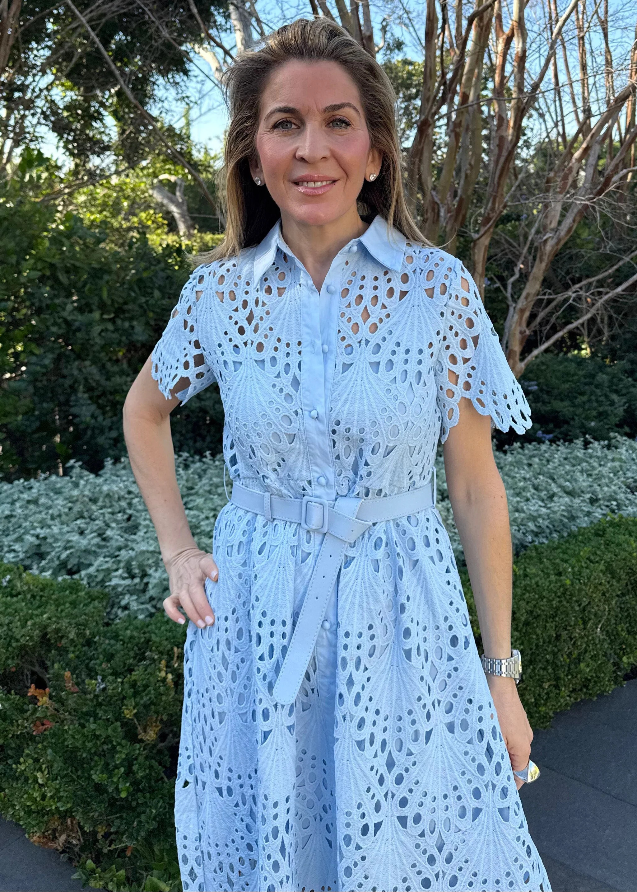 Robin Belted Short Sleeve Lace Midi Dress - Light Blue | Benaar La