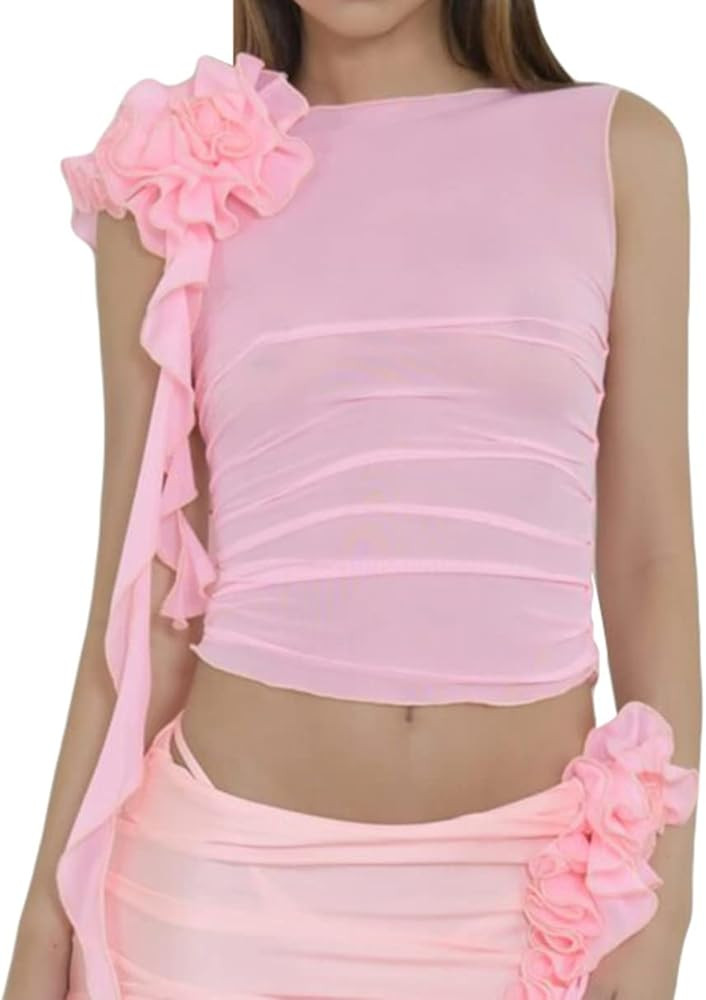 Women Sexy 3D Floral Tank Top Sleeveless Ruffle Tassel Crop Top Slim Fit Mesh Vest Top Y2k Street... | Amazon (US)