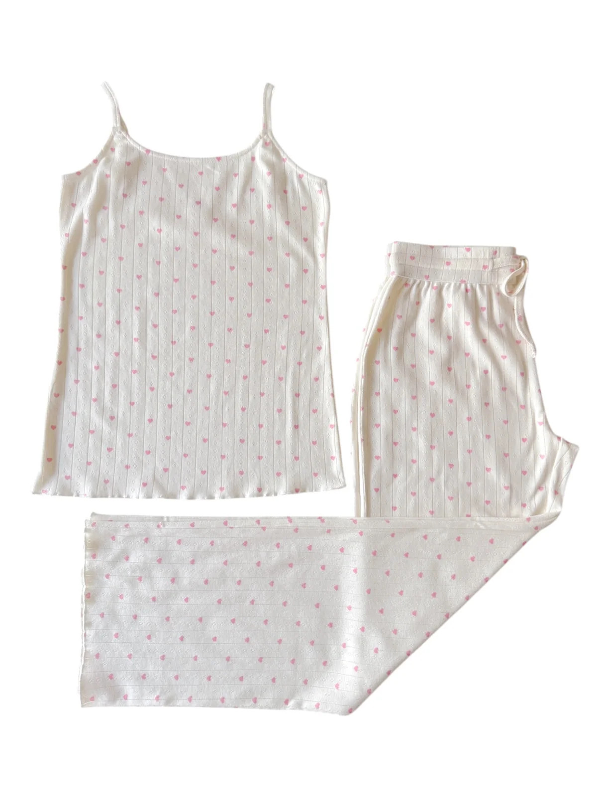 White with Pink Heart / Organic Pointelle Women's Cami Lounge Set | SpearmintLOVE