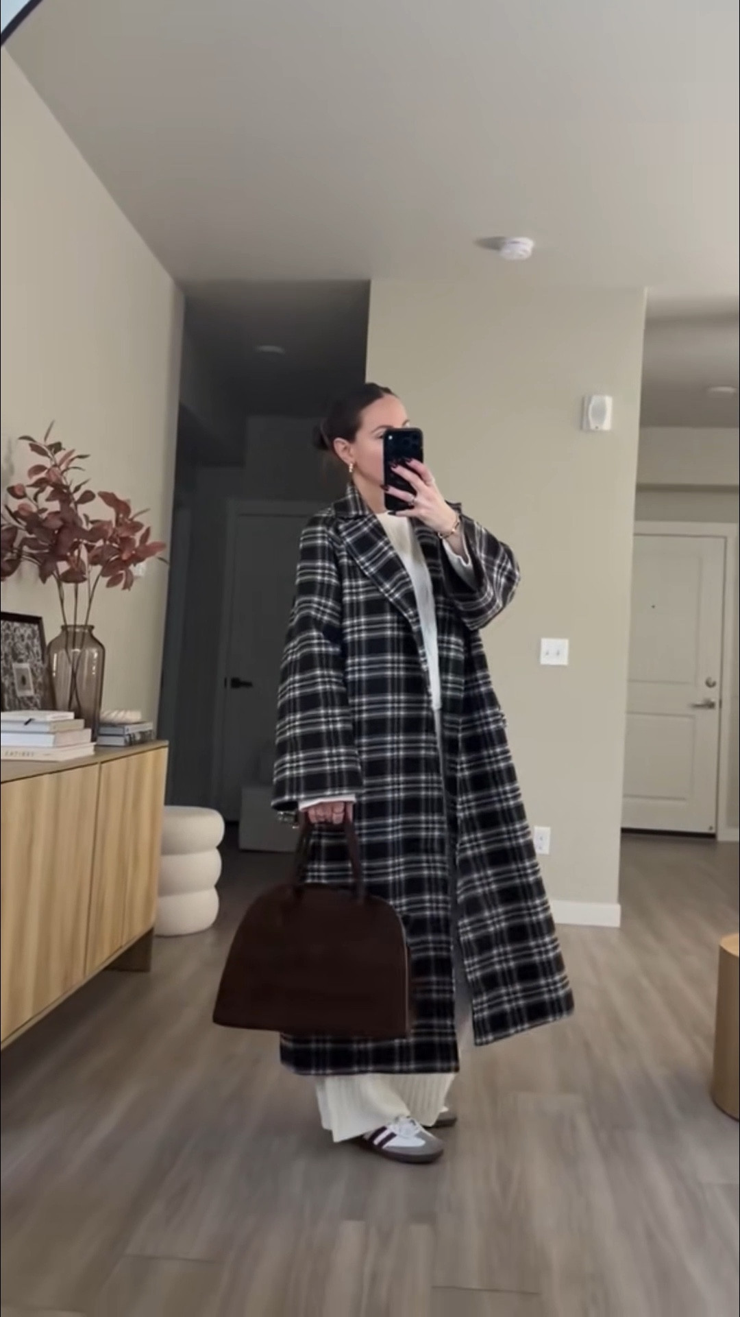 the viral amazon cable knit loungewear set and oversized plaid coat.  i'm 5'7 wearing Small  suede tote bag in coffee color 