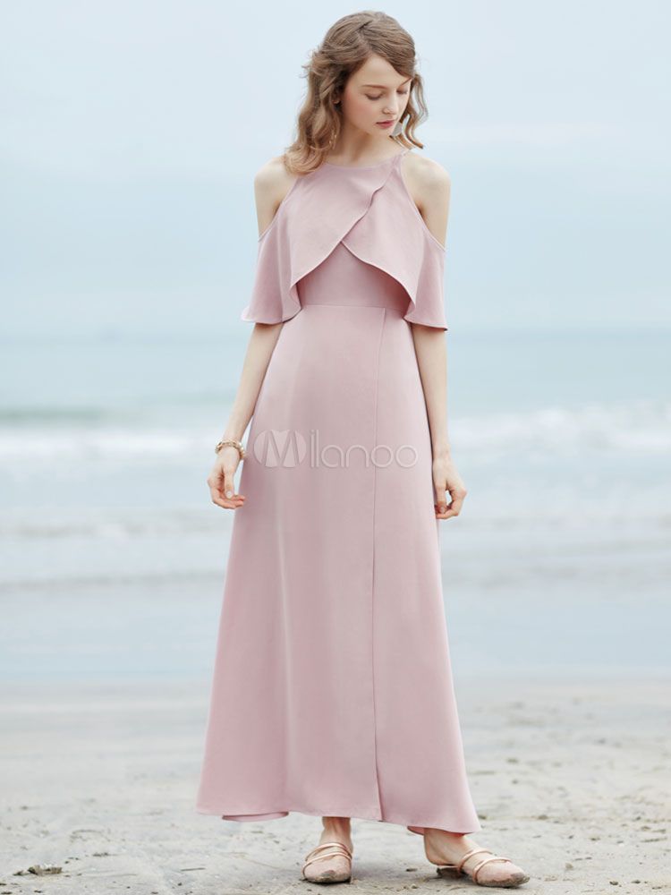 Pink Maxi Dress Round Neck Half Sleeve Cold Shoulder Long Dress For Women | Milanoo