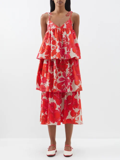 Kika Vargas - Liere Orchid-print Tiered Cotton-blend Dress - Womens - Red Multi | Matches (US)