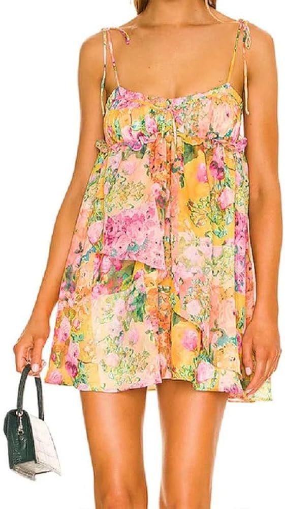 Summer Floral Boho Dresses for Women 2024 Spaghetti Straps Beach Dress Ruffle Sexy Mini Dress | Amazon (US)