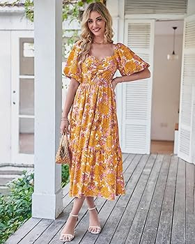 BTFBM Women Summer Dresses 2025 Casual Flowy Beach Square Neck Puff Short Sleeve Smocked Back Boh... | Amazon (US)