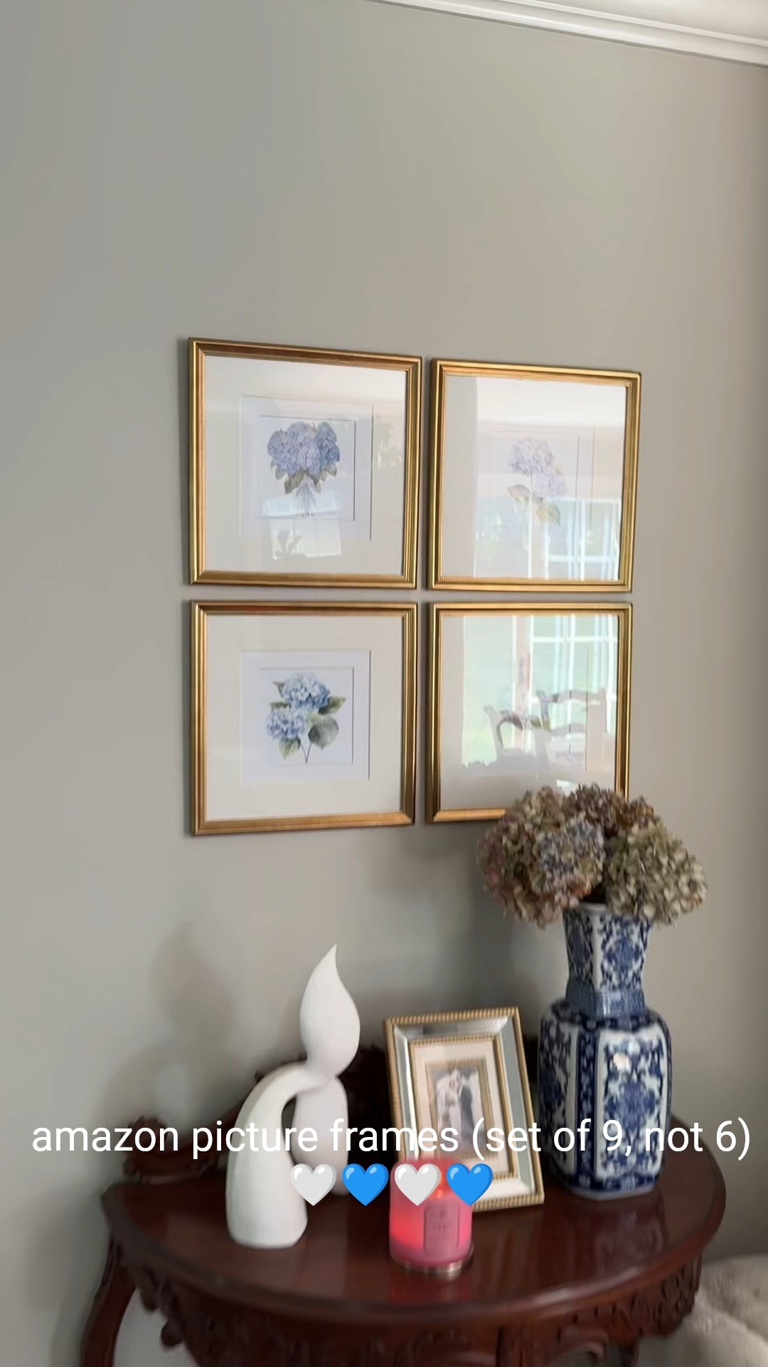 The set is of 9 frames not 6, lol.😂 
The gold beaded style adds timeless charm to your home. I used soft blue hydrangea prints for a relaxed yet elegant coastal grandmother aesthetic. The gold finish and classic detailing offer just the right touch of sophistication without feeling overdone. This Amazon favorite is ideal for scenes.

#CoastalGrandmotherDecor #AmazonHomeFinds #GalleryWallInspo #BlueHydrangeas #LuxeCoastalStyle #ClassicHomeDecor #AmazonDecorFavorites #LTKSummerEdit

#LTKSeasonal #LTKSummerEdit #LTKHome