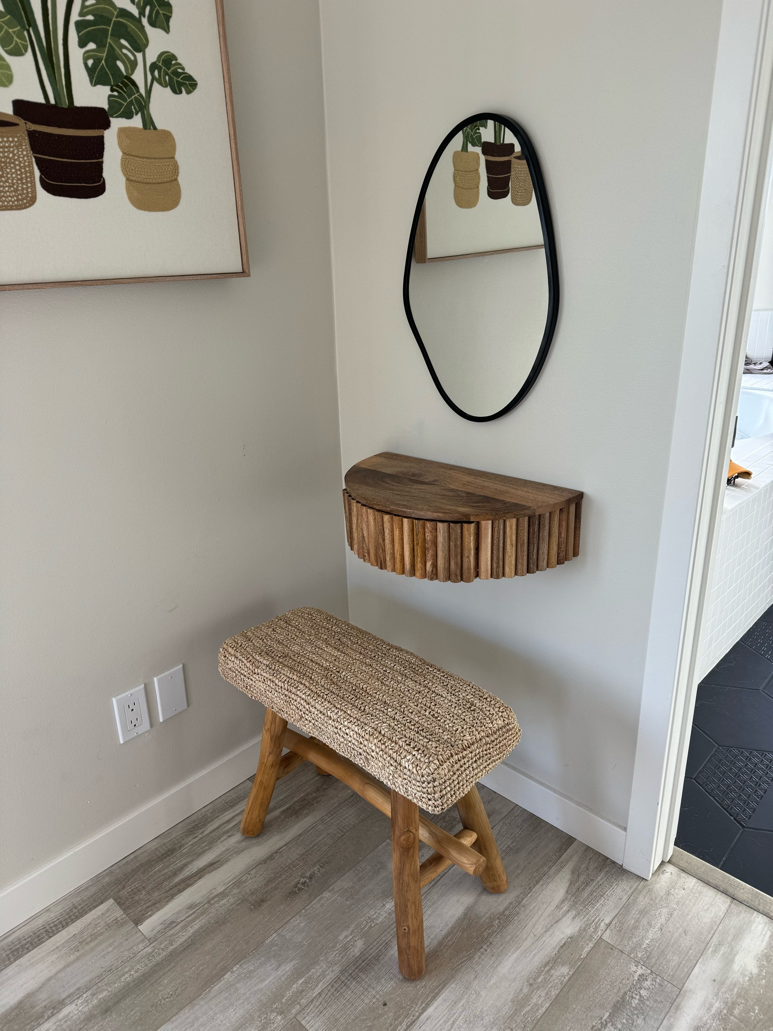 Perfect vanity corner! I’m obsessed with the floating shelf, imperfect mirror, and stool 

#LTKFindsUnder100 #LTKHome #LTKSaleAlert