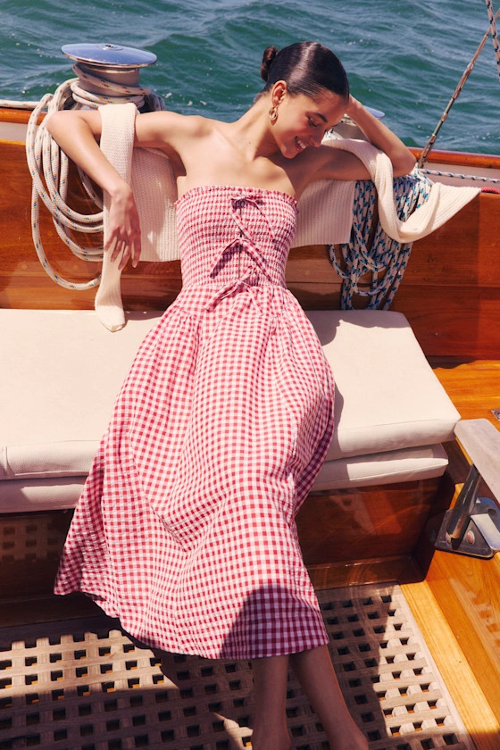 Clementina Red Gingham Smocked Midi Dress | Lulus