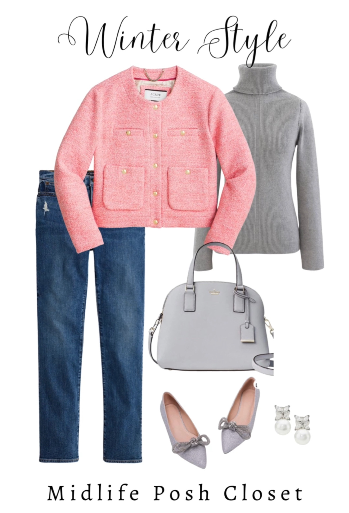 Smart Casual / Preppy Winter Outfit: pink crop lady coat blazer, gray turtleneck, boyfriend jeans & jeweled bow flats  

#LTKSeasonal #LTKitbag #LTKshoecrush