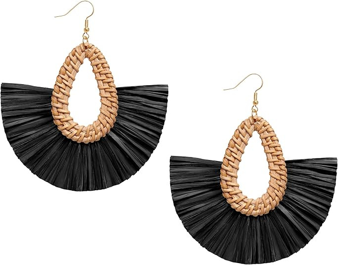 Statement Raffia Tassel Earrings Boho Summer Beach Earrings Lightweight Straw Wicker Dangle Drop ... | Amazon (US)