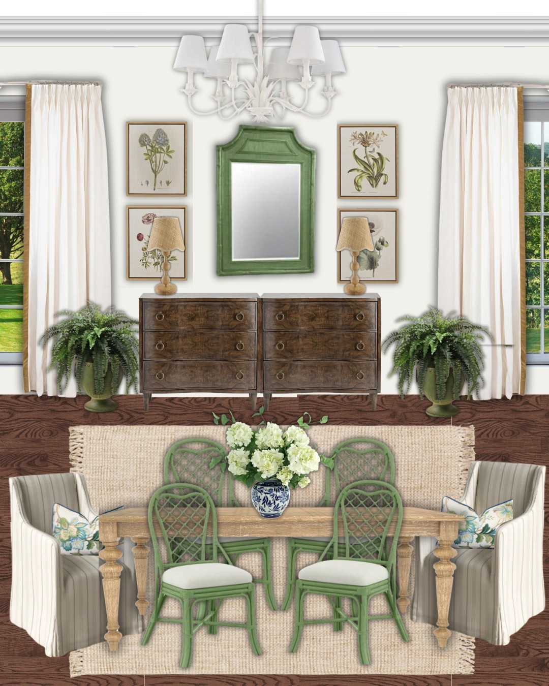 grandmillennial, dining room, chippendale, green chairs, skirted chairs, classic decor, botanical art, traditional, southern style, timeless home, cottagecore, vintage chic, elegant dining, rustic dining room table, skirted chairs 