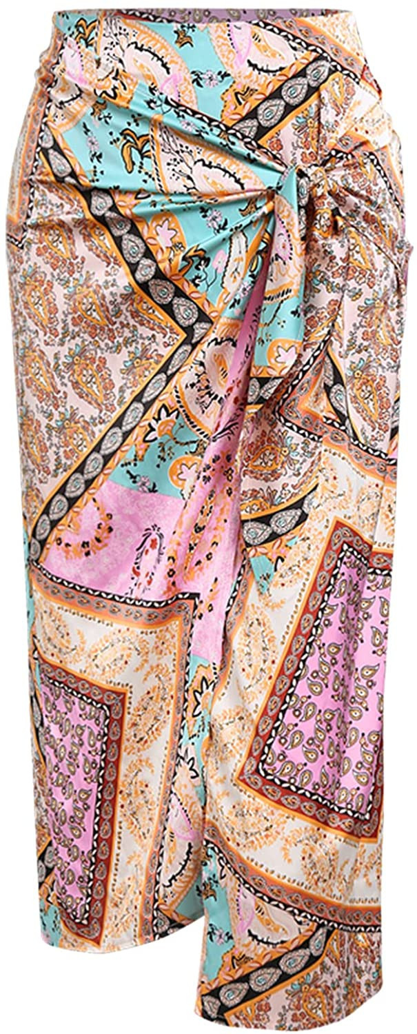 ZAFUL Women's Boho Skirt Asymmetrical Skirts Tied Floral Paisley Printed High Waist Ruched Skirts... | Amazon (US)
