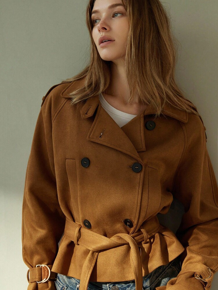 Aveloria Modichic Deer Suede Biker Jacket With Brown Belt, Short Woolen Coat Fall Winter Cloth For Women | SHEIN