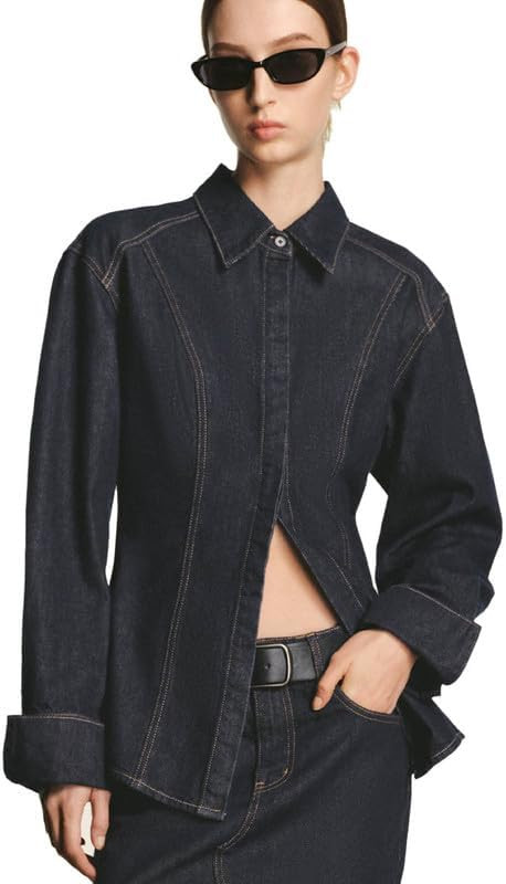 URBAN REVIVO Half Open Front Denim Jackets For Women Trendy Slit Hem Long Sleeve Jean Jacket Casu... | Amazon (US)