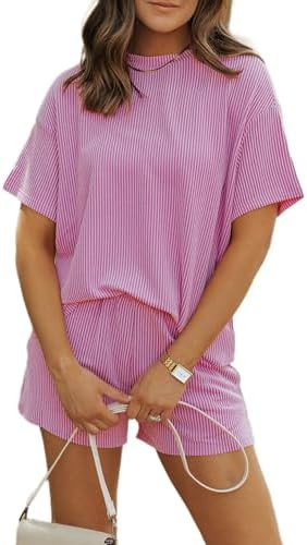 MARZXIN Women 2 Piece Short Set with Vertical Stripes Summer Cruise Outfits | 2026 Short Sleeve P... | Amazon (US)