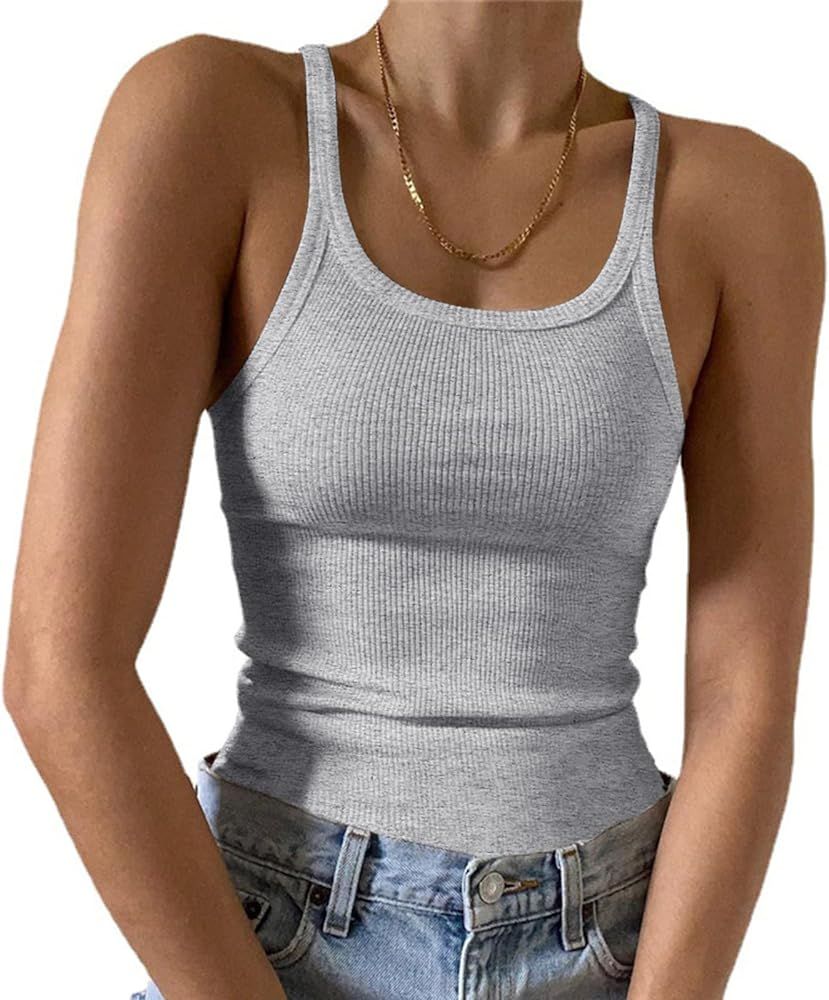 Artfish Women's Sleeveless Tank Top Form Fitting Scoop Neck Ribbed Knit Basic Cami Shirts | Amazon (US)