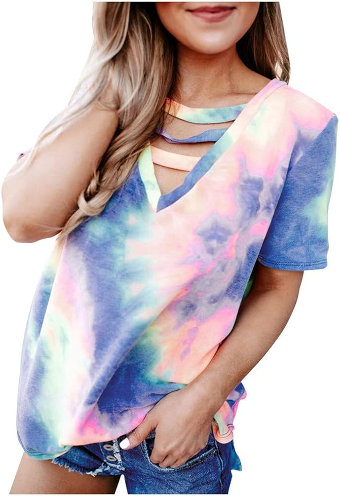 T Shirts for Women, Womens Summer Tie Dyed V-Neck Tee Shirts Loose Casual Tie-Dye Tunic Blouse To... | Amazon (US)
