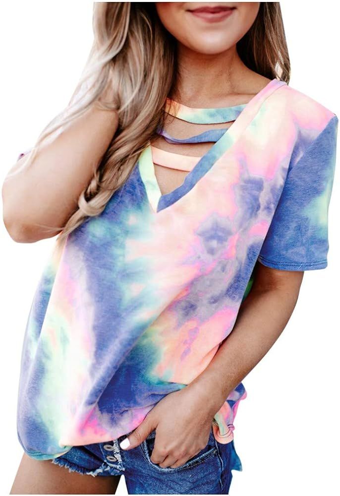 T Shirts for Women, Womens Summer Tie Dyed V-Neck Tee Shirts Loose Casual Tie-Dye Tunic Blouse To... | Amazon (US)