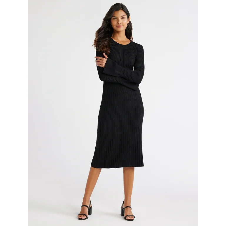 Free Assembly Women's Radiating Ribbed Midi Dress with Long Sleeves, Sizes XS-XXXL | Walmart (US)