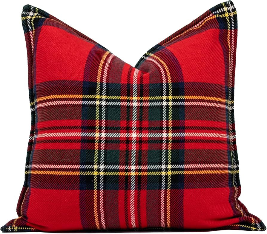 Hofdeco Premium Merino Wool Tartan Throw Pillow Cover, 20x20, Red Navy | Amazon (US)