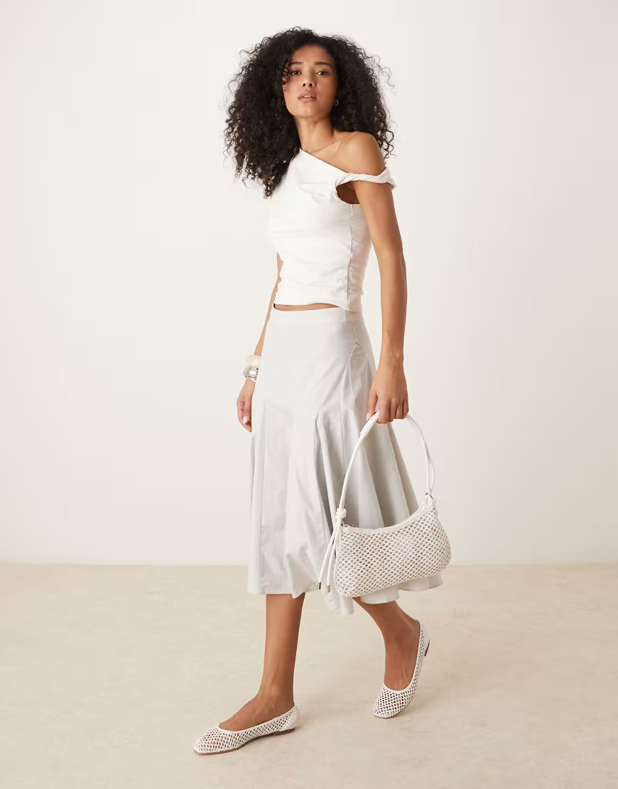 Mango cotton mix pleated midi skirt in grey | ASOS (Global)