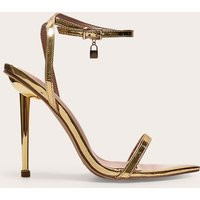Gold Pu Point Toe Lock Charm Heeled Sandals | PrettyLittleThing US