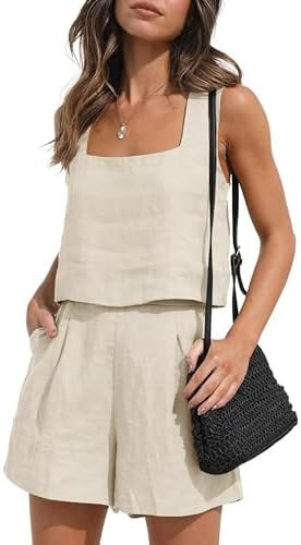 Womens Linen 2 Piece Outfits Lounge Sets sleeveless Tank Tops and High Waist Shorts Summer Vacati... | Amazon (US)