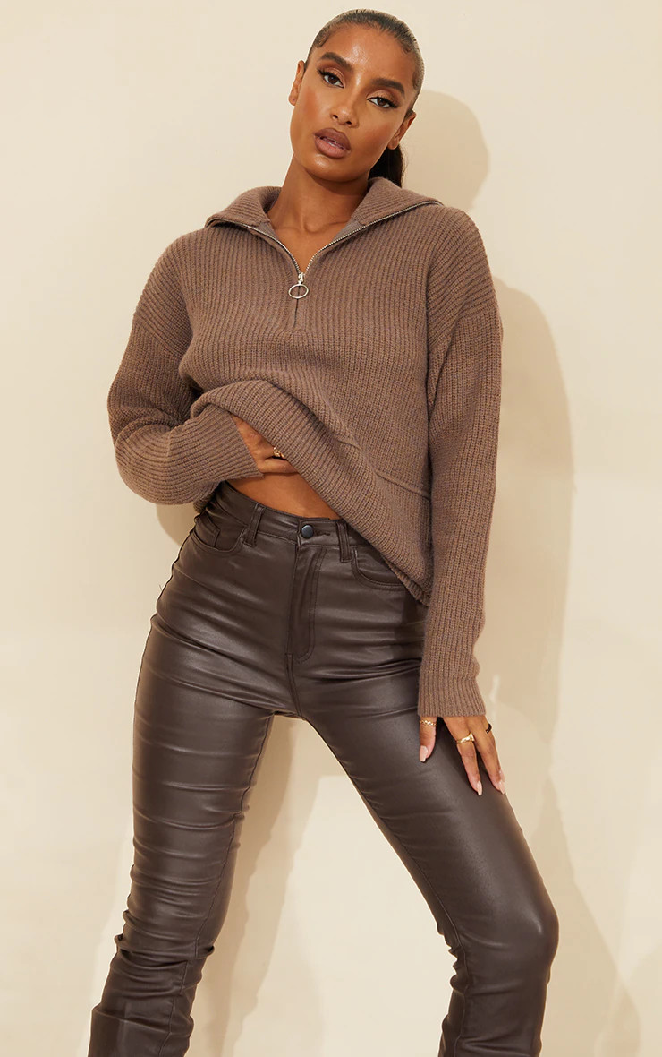 Chocolate Half Zip Up Knitted Jumper | PrettyLittleThing UK