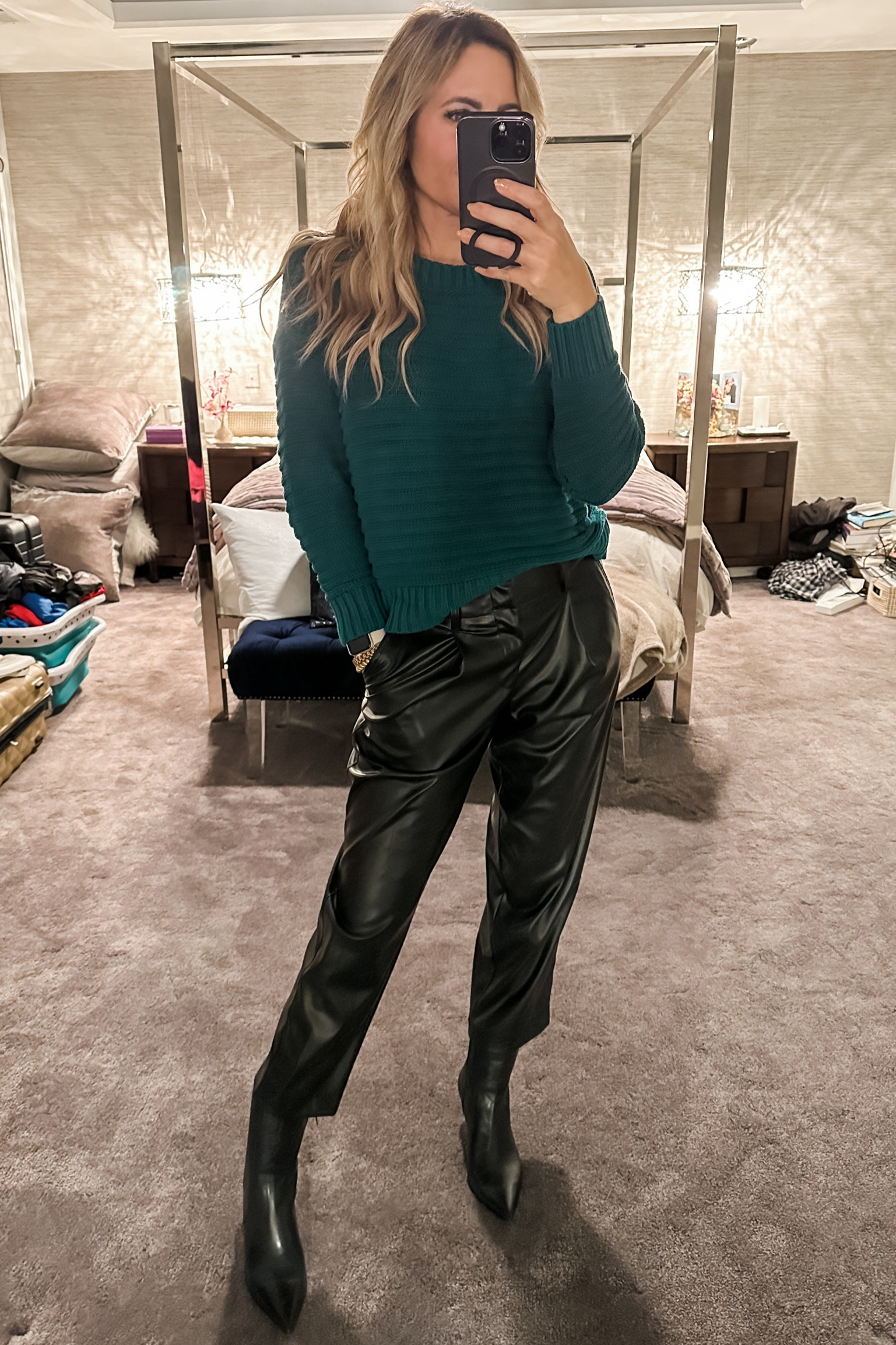 Last night’s look // green sweater, knit sweater, silk cami, satin cami, lace cami, faux leather pants, leather straight leg pants, leather booties, heeled booties, black booties, going out outfit, dinner date outfit, night out outfit, date night outfit, date night look

#LTKworkwear #LTKshoecrush #LTKstyletip