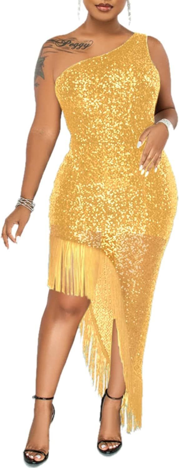 chicyes Women's Bodycon One Shoulder Tassel Sequin Sparkly Club Party Summer Dress | Amazon (US)