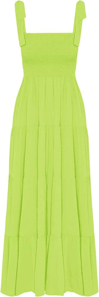 kinstell Women's Summer Boho Spaghetti Strap Square Neck Ruffle Casual Flowy Long Dress Beach Swi... | Amazon (US)