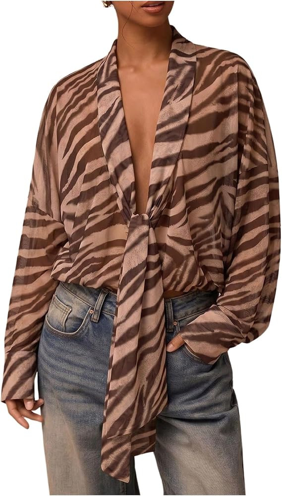 SOLY HUX Women's Lace Tops Long Sleeve Sheer Mesh Tie Front Blouse | Amazon (US)