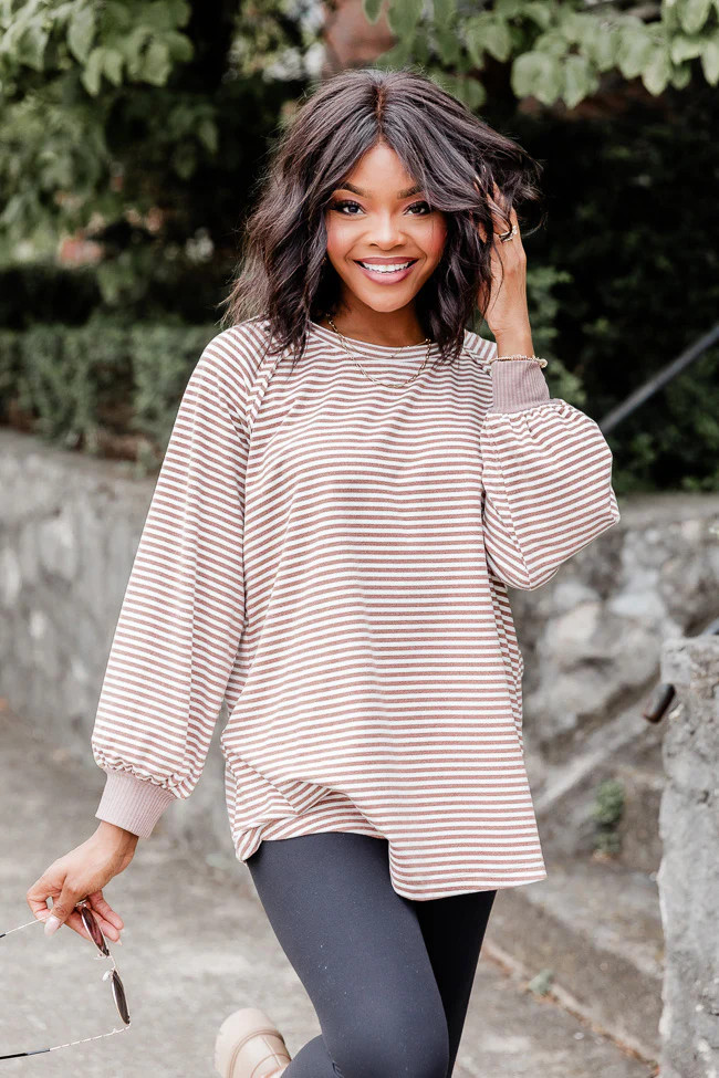 Never Alone Brown Striped Knit Long Sleeve Top | Pink Lily