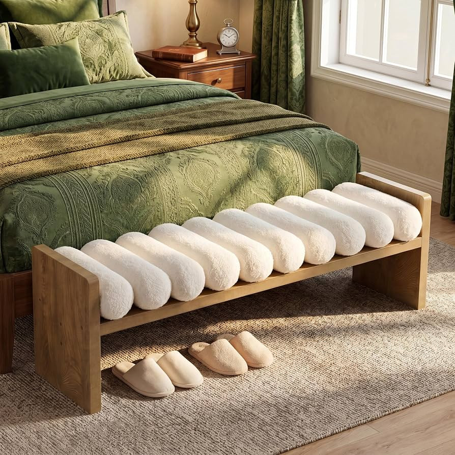 Tribesigns 59'' Upholstered End of Bed Bench with Rolled Cushions, Wooden Entryway Bench with Cre... | Amazon (US)