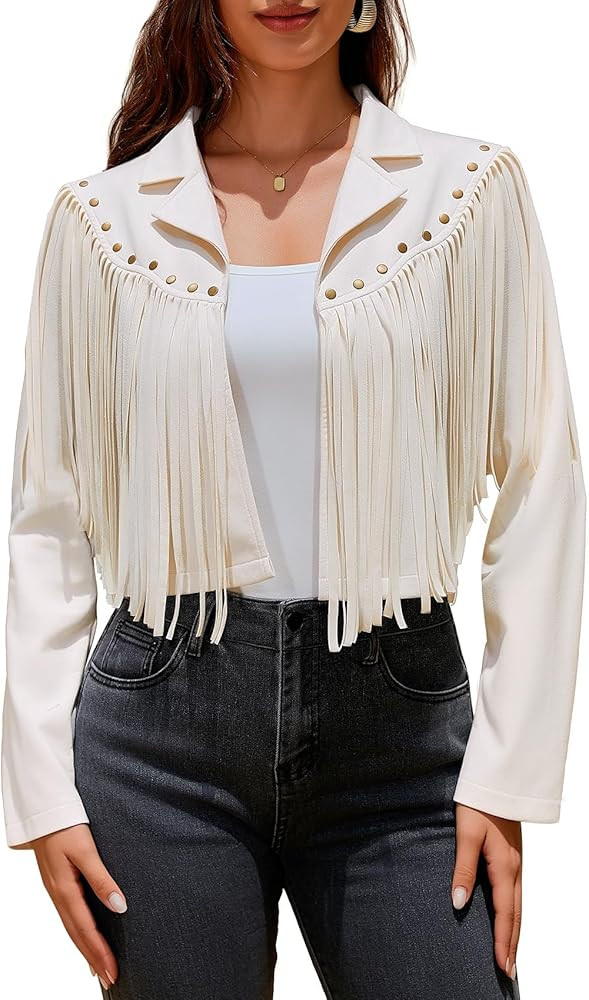 Women's Fringe Faux Suede Leather Jackets Fashion Fall Western Tassel Motorcycle Cropped Open Fro... | Amazon (US)