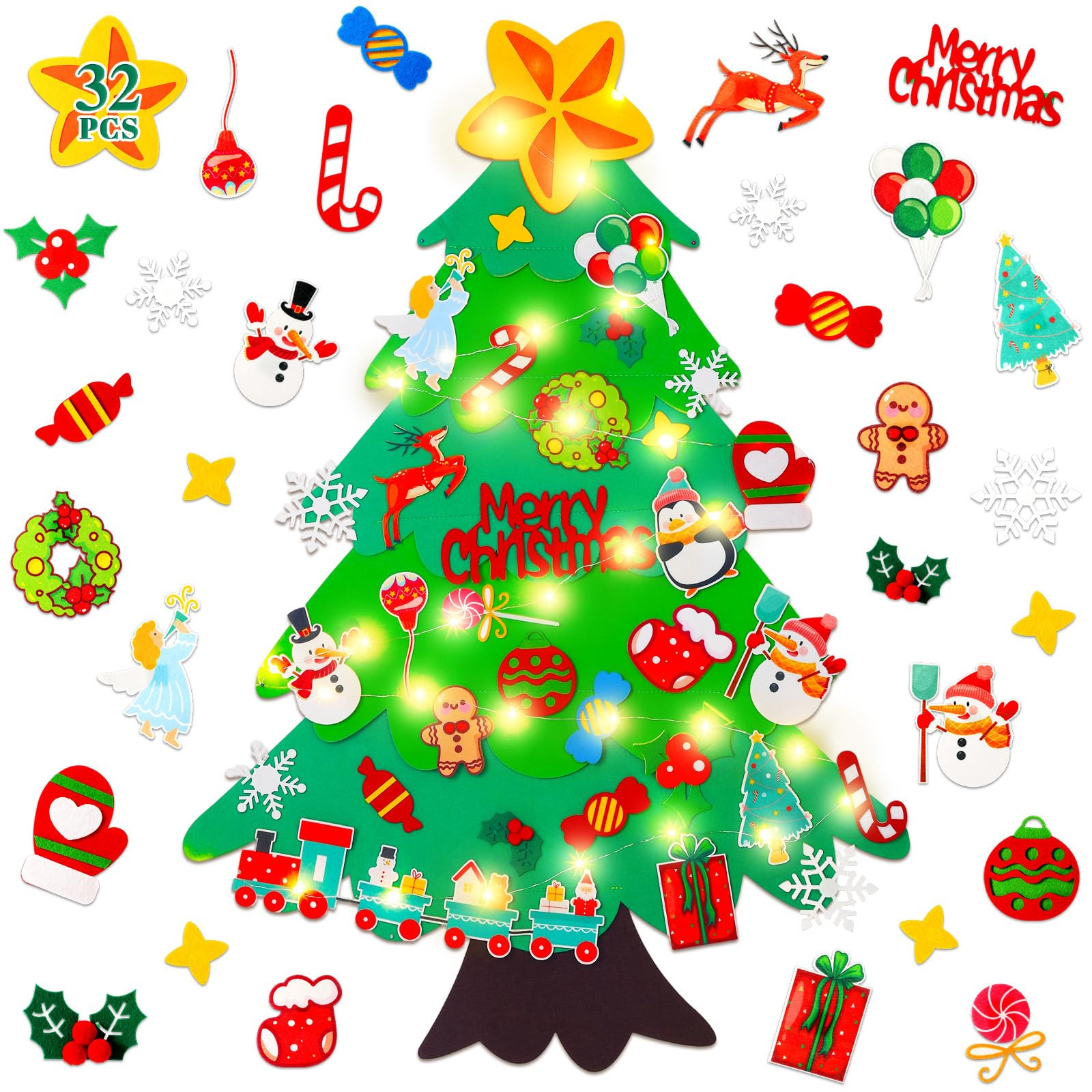 Felt Christmas Tree for Toddlers - 3.5 FT Wall Felt Christmas Tree for Kids with Lights and 32 Pc... | Amazon (US)
