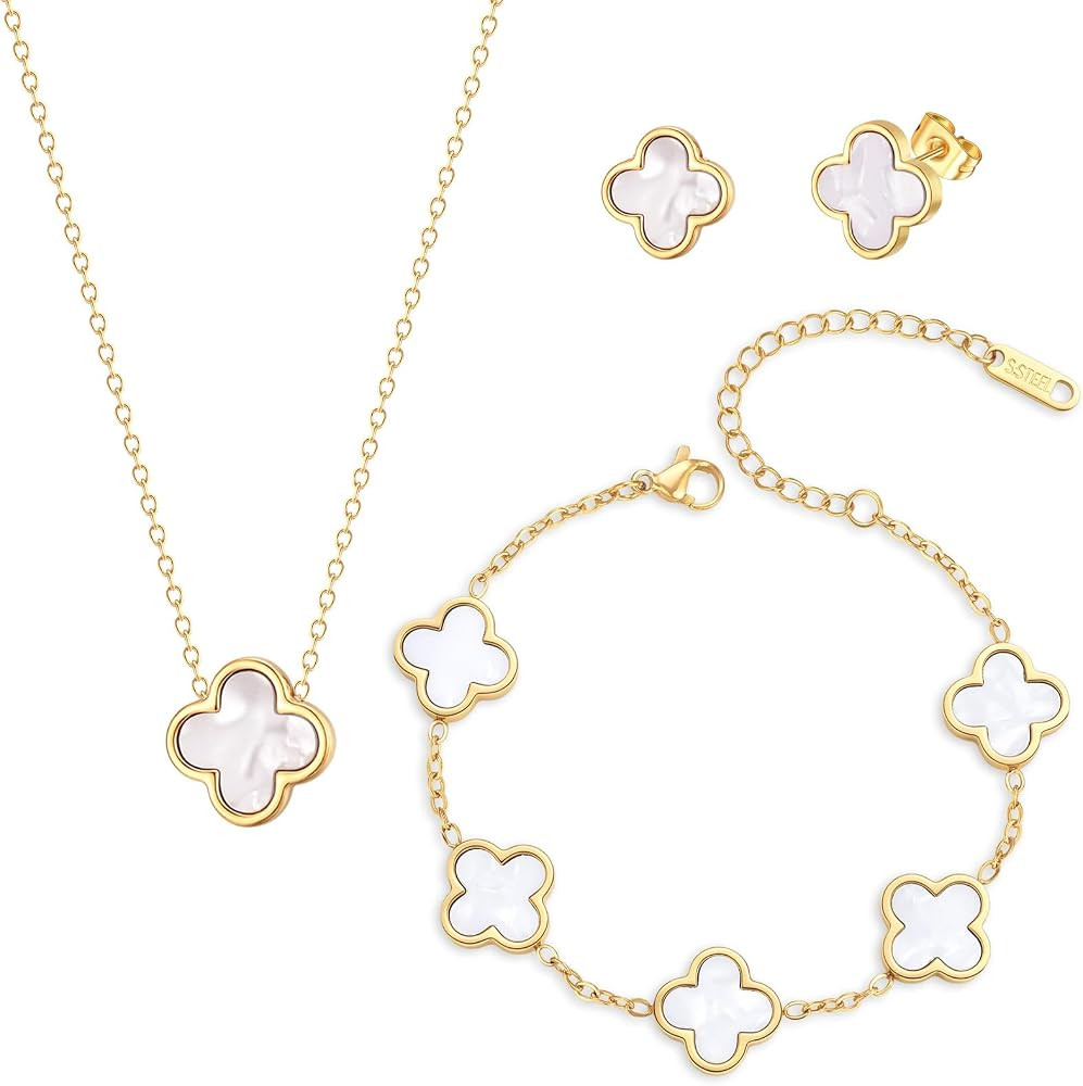 Clover Necklace Bracelet and Stud Earrings Jewelry Sets for Women | Amazon (US)