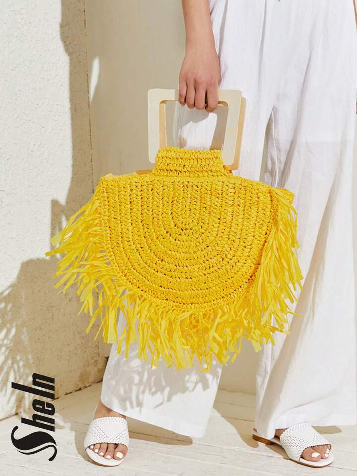 SHEIN Yellow Fringe Trim Straw Tote Bag,Woven Bag,Perfect For Summer Beach Travel Vacation,For Ou... | SHEIN