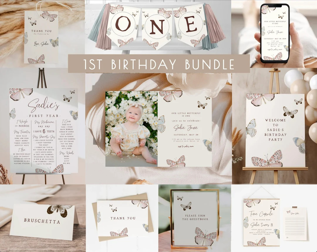 Butterfly 1st Birthday Bundle | Editable Little Butterfly First Birthday Party Invitation Templat... | Etsy (US)