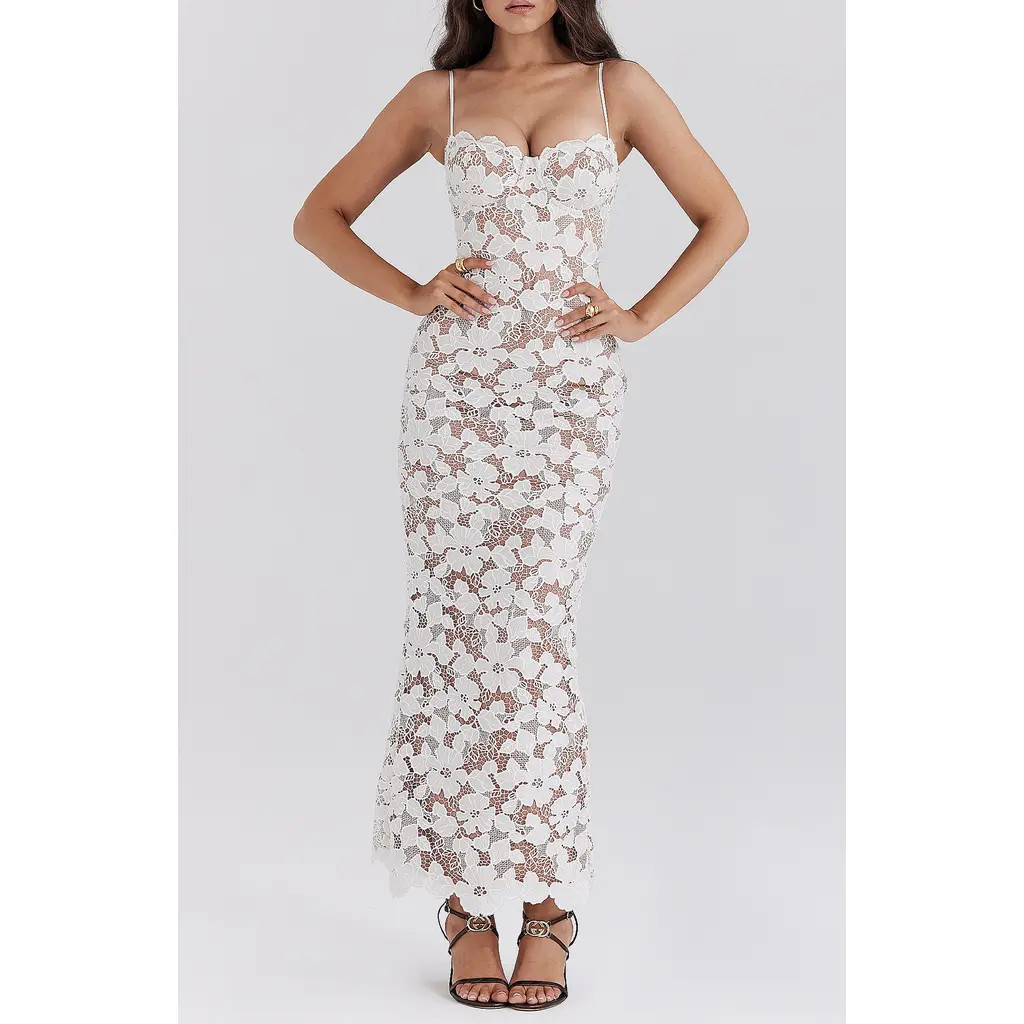 HOUSE OF CB Pearl Floral Lace Gown in White at Nordstrom, Size Large A | Nordstrom