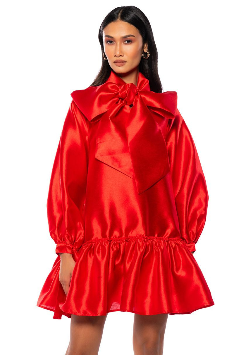 PUFF SLEEVE DROP WAIST MINI DRESS IN RED | AKIRA