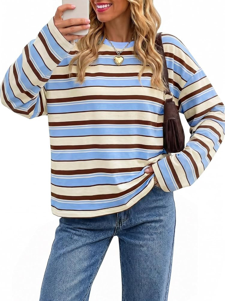 Tankaneo Womens Oversized Striped Long Sleeve T-Shirts Crewneck Casual Tops | Amazon (US)
