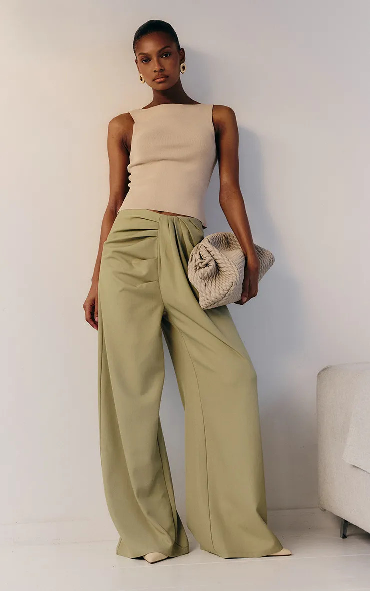 Sage Green Tailored Woven Pleat Detail Wide Leg Trousers | PrettyLittleThing US