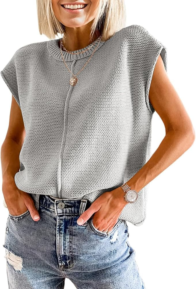 Womens Cap Sleeve Tops 2025 Trendy Tank Top Loose Knit Sweater Vests Cute Shirts Outfits Spring F... | Amazon (US)