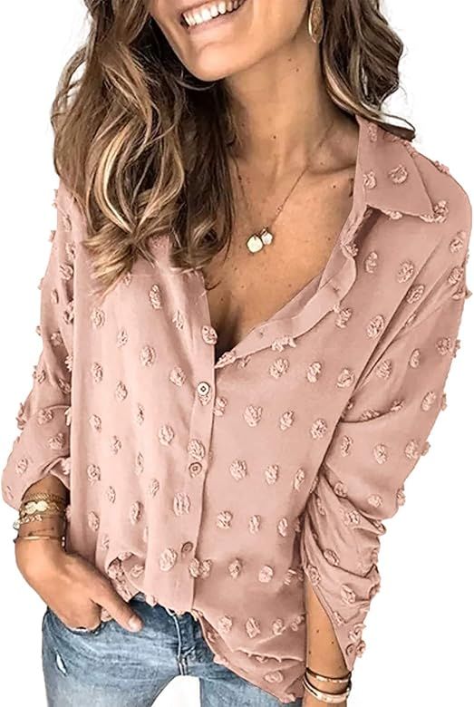 Astylish Womens Pompom Button Down Shirt Casual Blouse Top | Amazon (US)