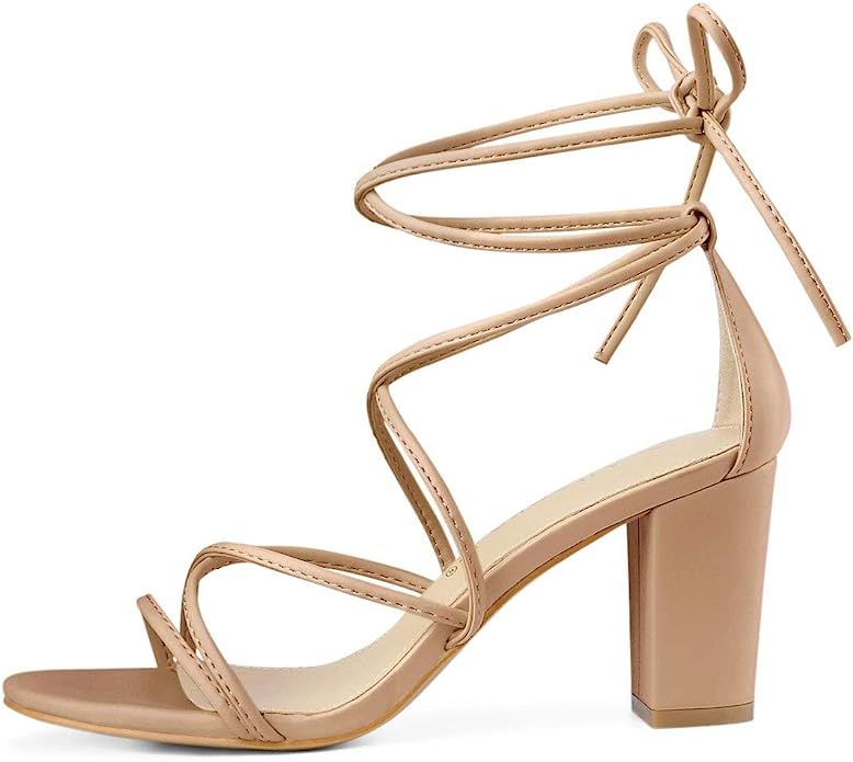 Allegra K Women's Strappy Straps Lace Up Chunky Heel Sandals | Amazon (US)