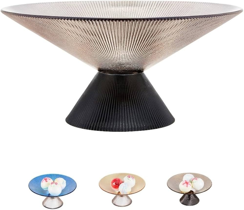 Glass Fruit Bowl – 10” Gray Decorative Bowl with Ripple Design and Black Pedestal Base – Wi... | Amazon (US)