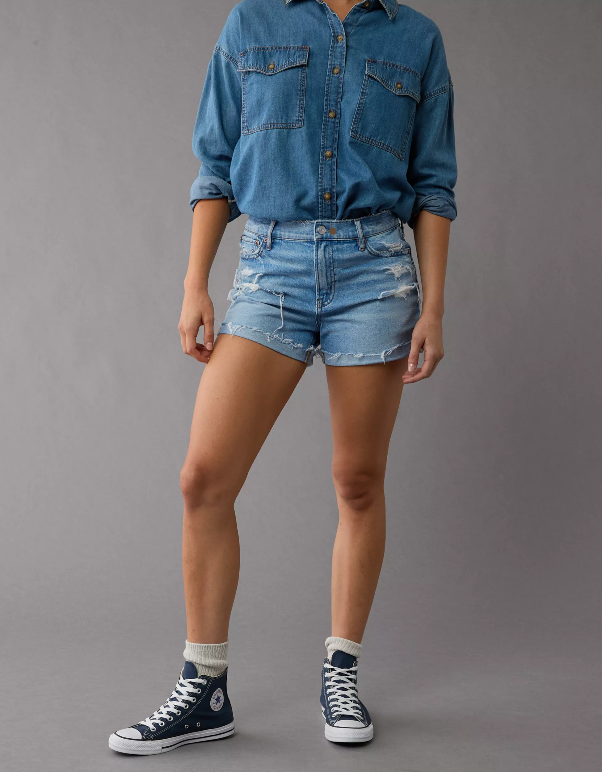AE Strigid Super High-Waisted Ripped Relaxed Denim Short | American Eagle Outfitters (US & CA)