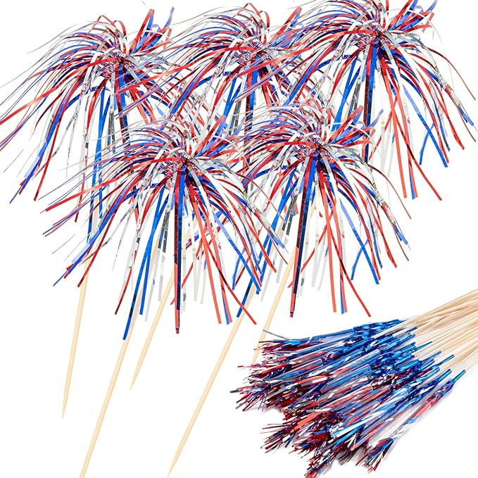 100pcs 4th of July Patriotic Cocktail Picks, Red White Blue Patriotic Firework Bamboo Toothpicks ... | Amazon (US)