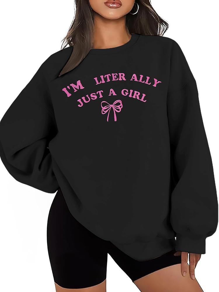 NEWWEN I'm Literally Just a Girl Sweatshirt Women Embroidered Coquette Top Pink Bow Graphic Shirt... | Amazon (US)