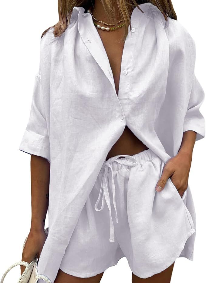 Women Linen Set 2 Piece Outfits Long Sleeve Shirt and Elastic High Waisted Short Sets Women 2 Pie... | Amazon (US)